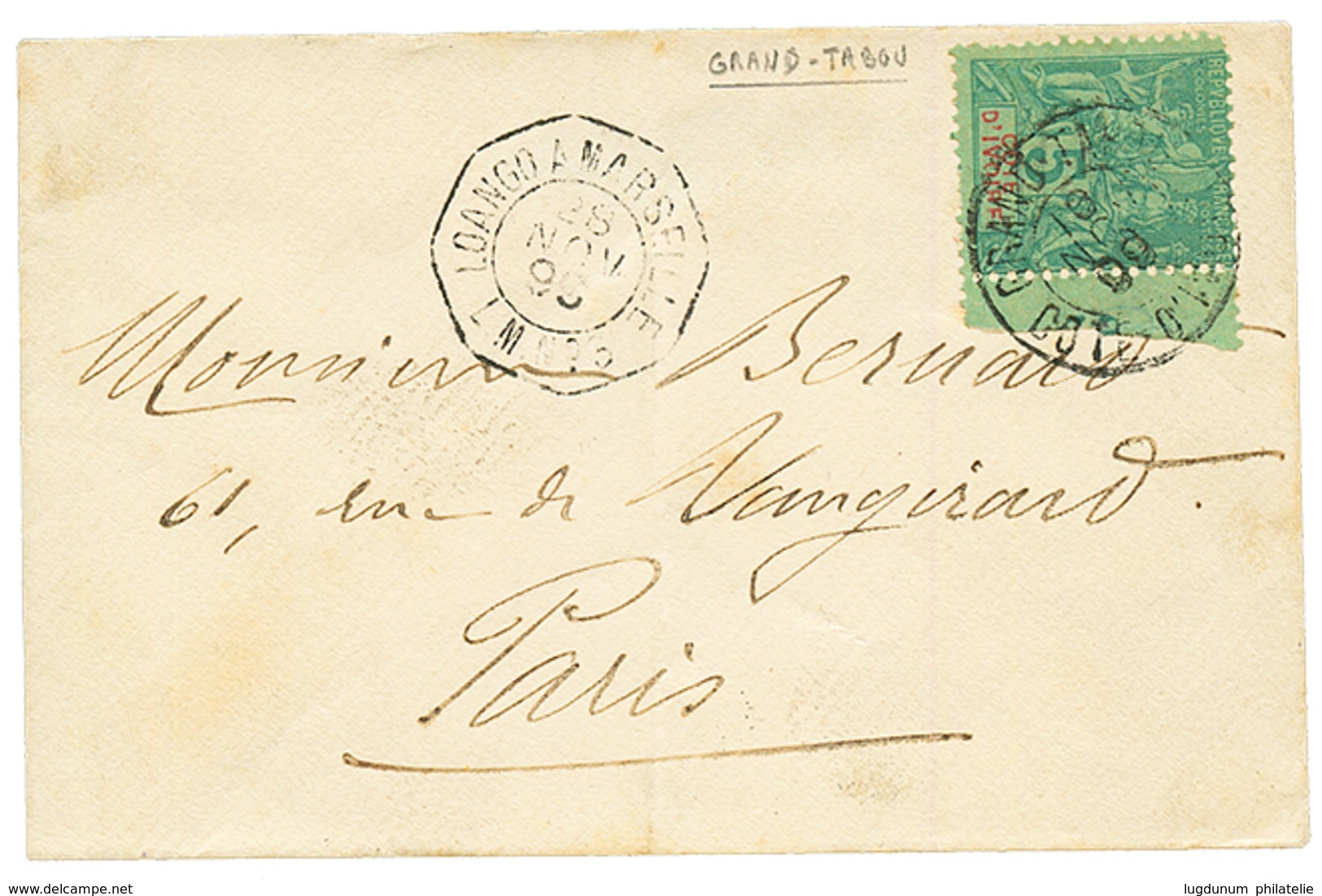 "GRAND TABOU - Tarif IMPRIME" : 1899 5c Obl. GRAND TABOU COTE D' IVOIRE Sur Enveloppe Pour PARIS. TB. - Otros & Sin Clasificación