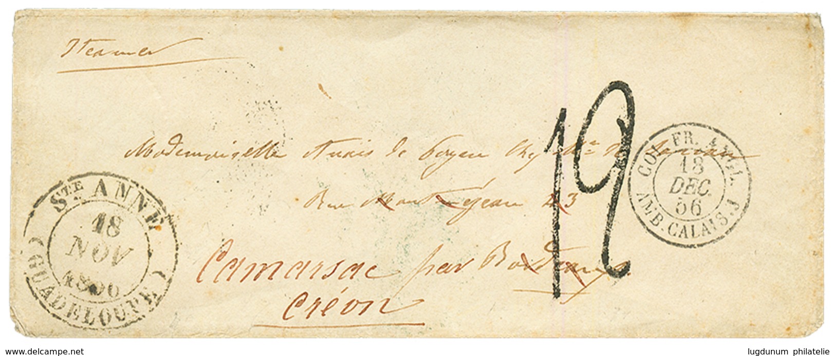1856 Grand Cachet STe ANNE GUADELOUPE + Taxe 12 Sur Enveloppe Pour La FRANCE. Superbe. - Other & Unclassified