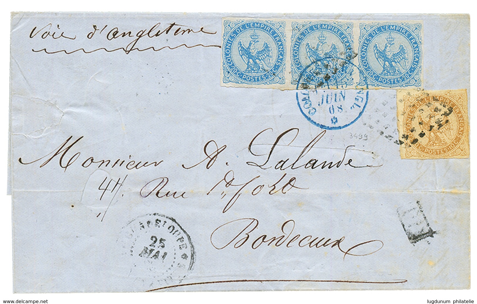 1868 AIGLE 10c + 20c Bande De 3 TTB Margée Sur Lettre (pd) Pour La FRANCE. TB. - Other & Unclassified