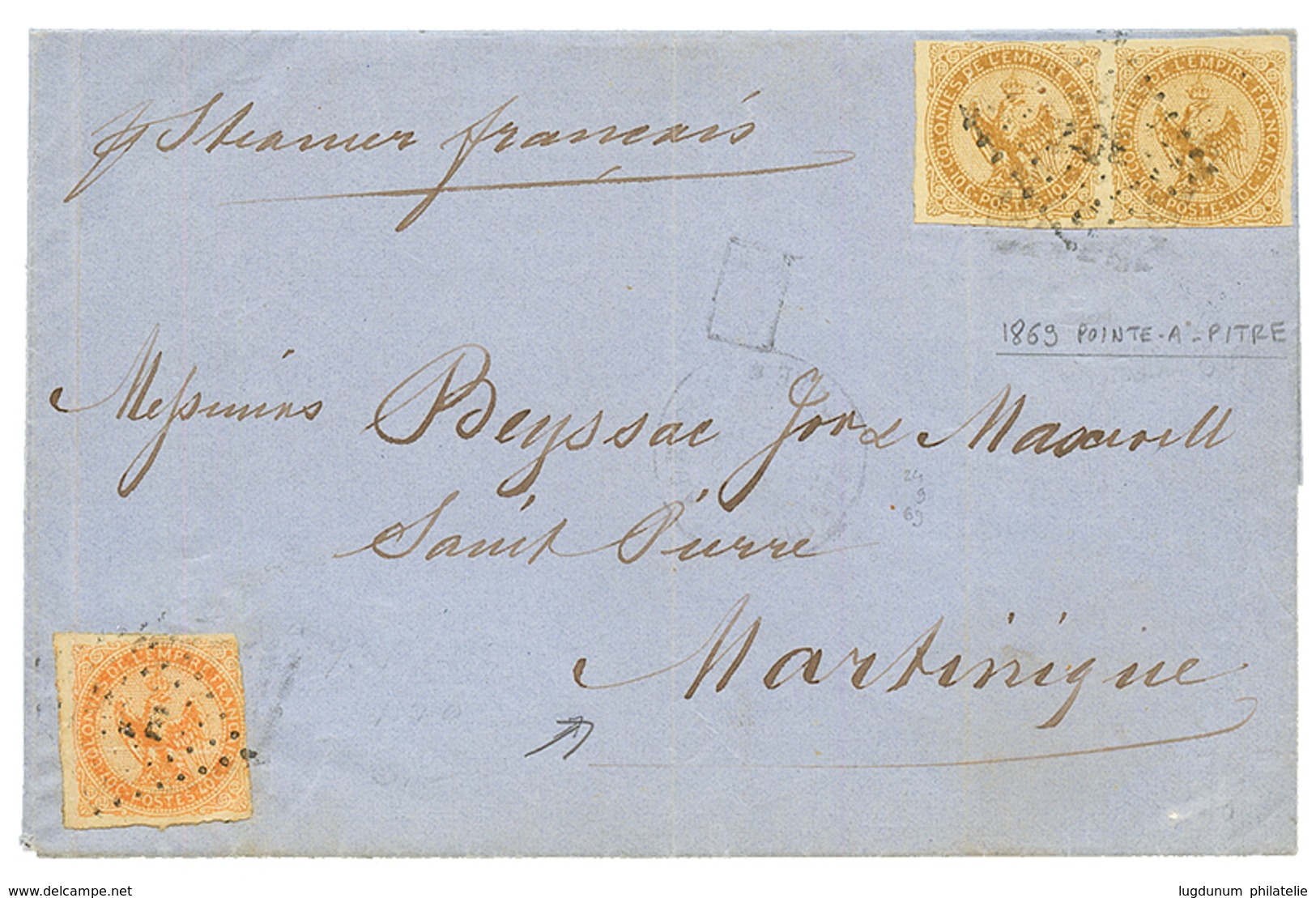 1869 AIGLE Paire 10c + 40c Sur Lettre De POINTE A PITRE Pour ST PIERRE MARTINIQUE. TB. - Otros & Sin Clasificación