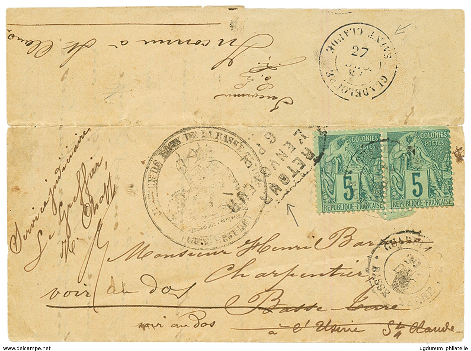 1884 CG Paire 5c + Cachet Rare RETOUR A L 'ENVOYEUR/G.P.E Sur Lettre De BASSE-TERRE Réexpédiée à ST CLAUDE. TB. - Otros & Sin Clasificación