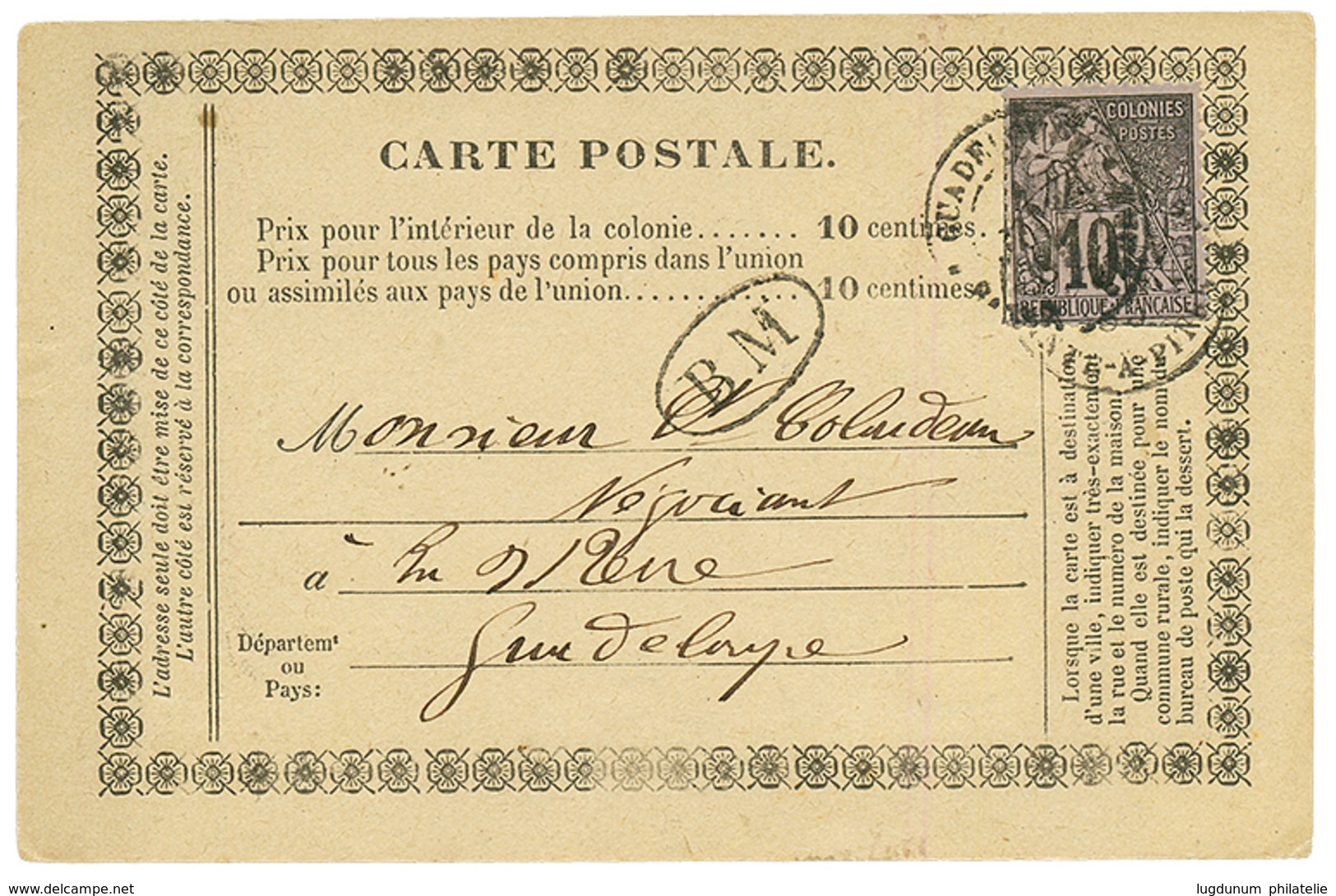 1885 CG 10c Obl. POINTE-A-PITRE + Cachet B.M Sur CARTE PRECURSEUR Pour BASSE-TERRE. TB. - Other & Unclassified