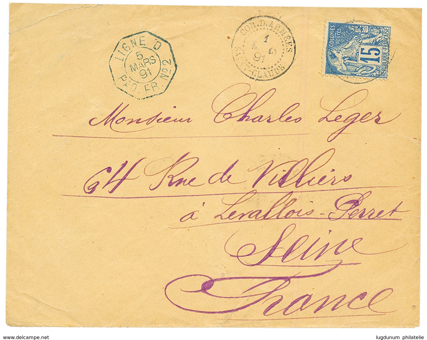 1891 CG 15c Obl. CORR. D'ARMEES SAINT CLAUDE + LIGNE D PAQ FR Bleu Sur Env. Pour La FRANCE. TTB. - Otros & Sin Clasificación