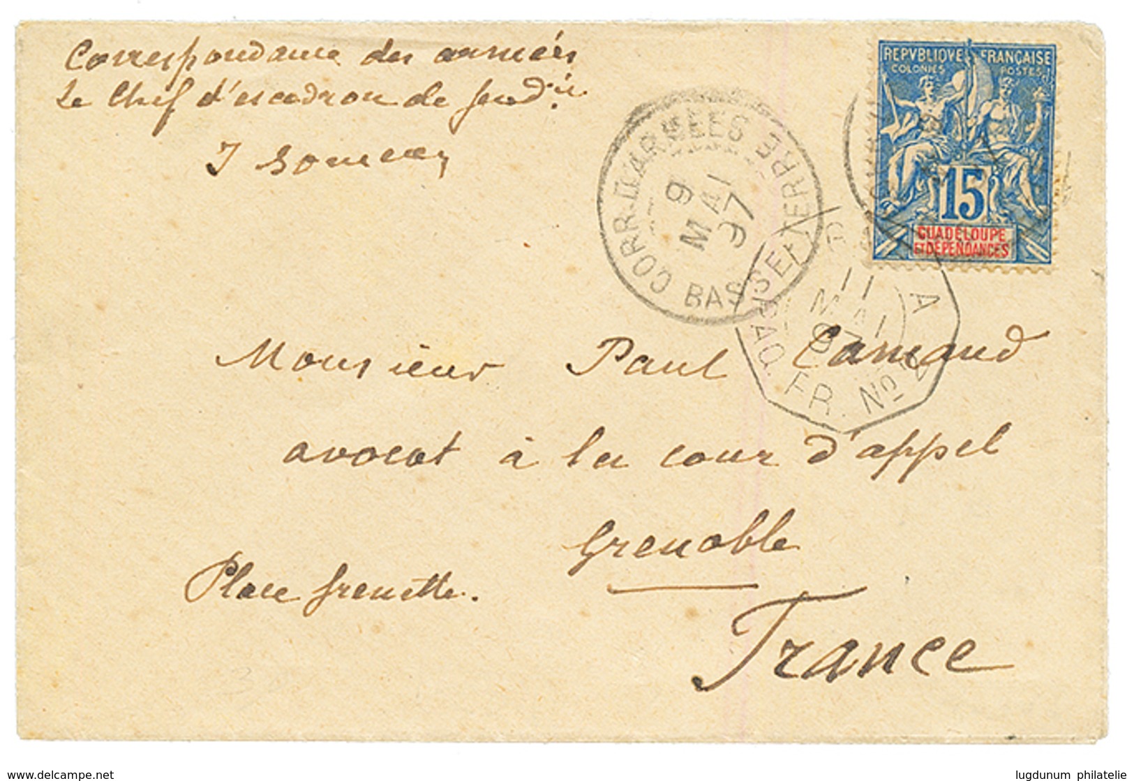 1897 15c Obl. CORR. D'ARMEES BASSE-TERRE + LIGNE A PAQ FR. Sur Env. Pour La FRANCE. TB. - Otros & Sin Clasificación