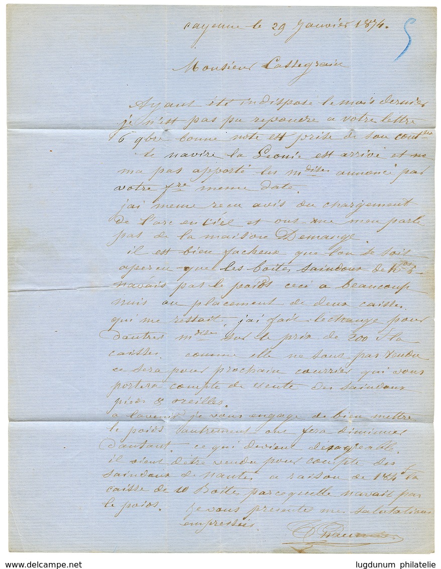 1874 10c AIGLE + 40c CERES (pd)obl. ANCRE + Cachet COL. FR PAQ FR C N°1 En Rouge Sur Lettre Avec Texte De CAYENNE Pour N - Otros & Sin Clasificación