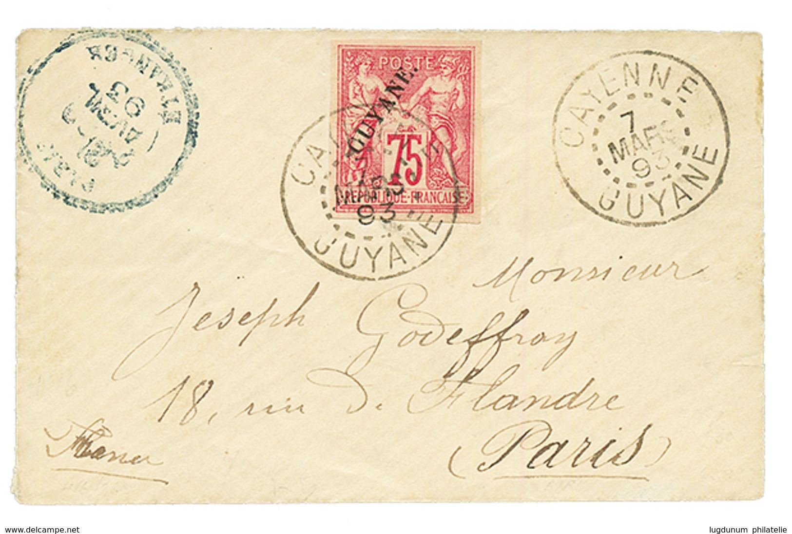 1893 75c (n°14) TB Margé Obl. CAYENNE GUYANE Sur Enveloppe Pour PARIS. Timbre Trés Rare Seul Sur Lettre. Superbe. - Andere & Zonder Classificatie