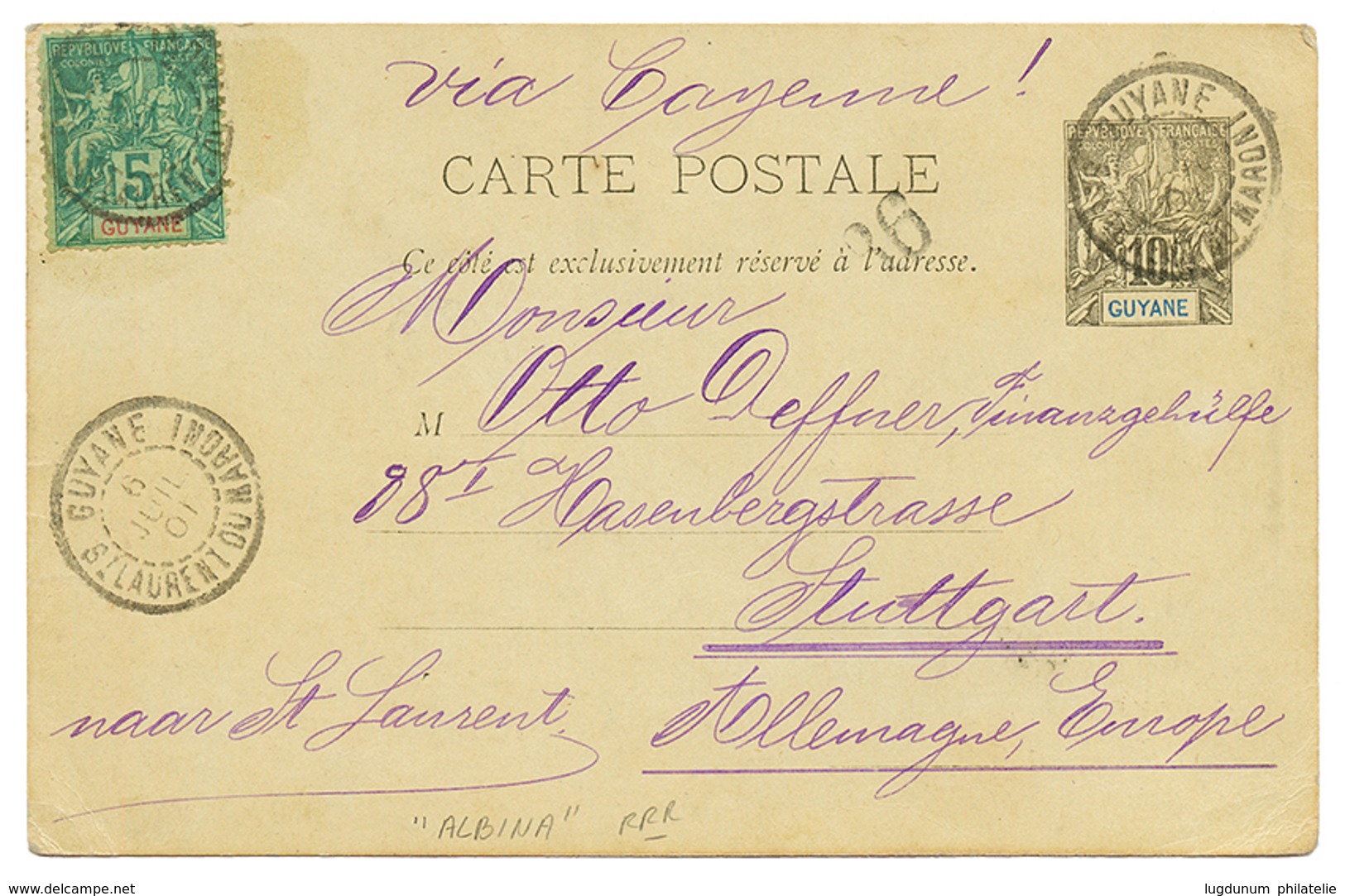 "ALBINA Via ST LAURENT" : 1901 ENTIER 10c Daté "ALBINA" + 5c Obl. ST LAURENT DU MARONI Pour L' ALLEMAGNE. Origine Rare.  - Otros & Sin Clasificación