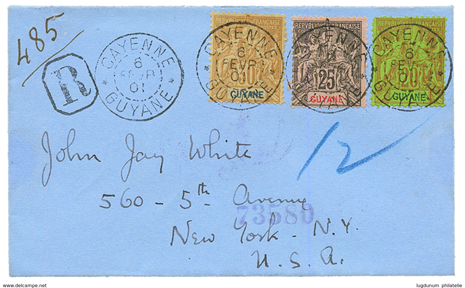 1901 20c + 25c + 30c Obl. CAYENNE GUYANE Sur Enveloppe RECOMMANDEE Pour NEW-YORK (USA). Superbe. - Altri & Non Classificati