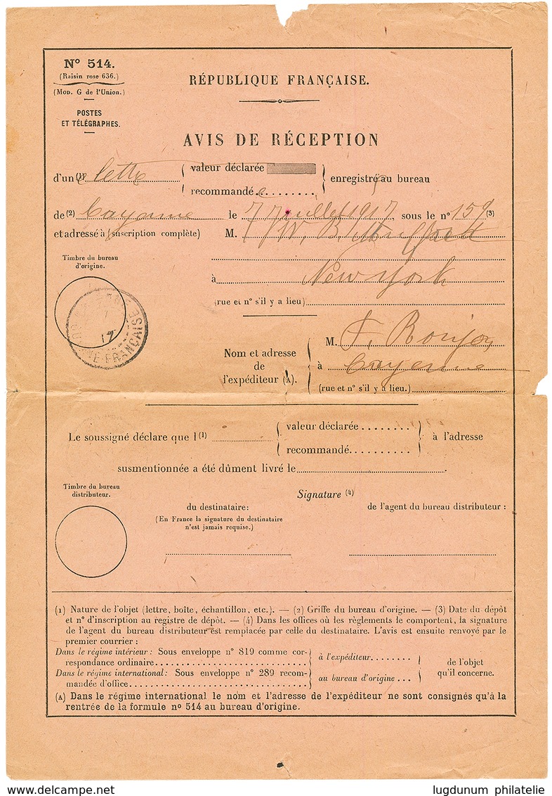 "AVIS De RECEPTION" : 1917 15c + 50c Sur Env. RECOMMANDE + A.R Pour NEW-YORK (USA) Avec L' AVIS De RECEPTION Corresponda - Otros & Sin Clasificación