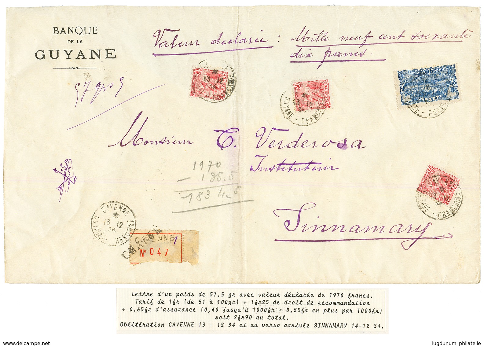 1934 2F + 30c (x3) Obl. CAYENNE Sur Grande Lettre CHARGEE (VD=1970F) Pour SINNAMARY. TTB. - Other & Unclassified