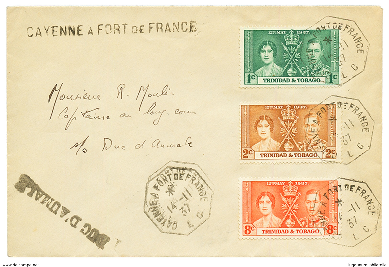 1937 TRINIDAD CORONATION 1c + 2c + 8c Obl. Cachet Maritime CAYENNE A FORT DE FRANCE LC + Griffe Linéaire (tres Rare) Sur - Other & Unclassified