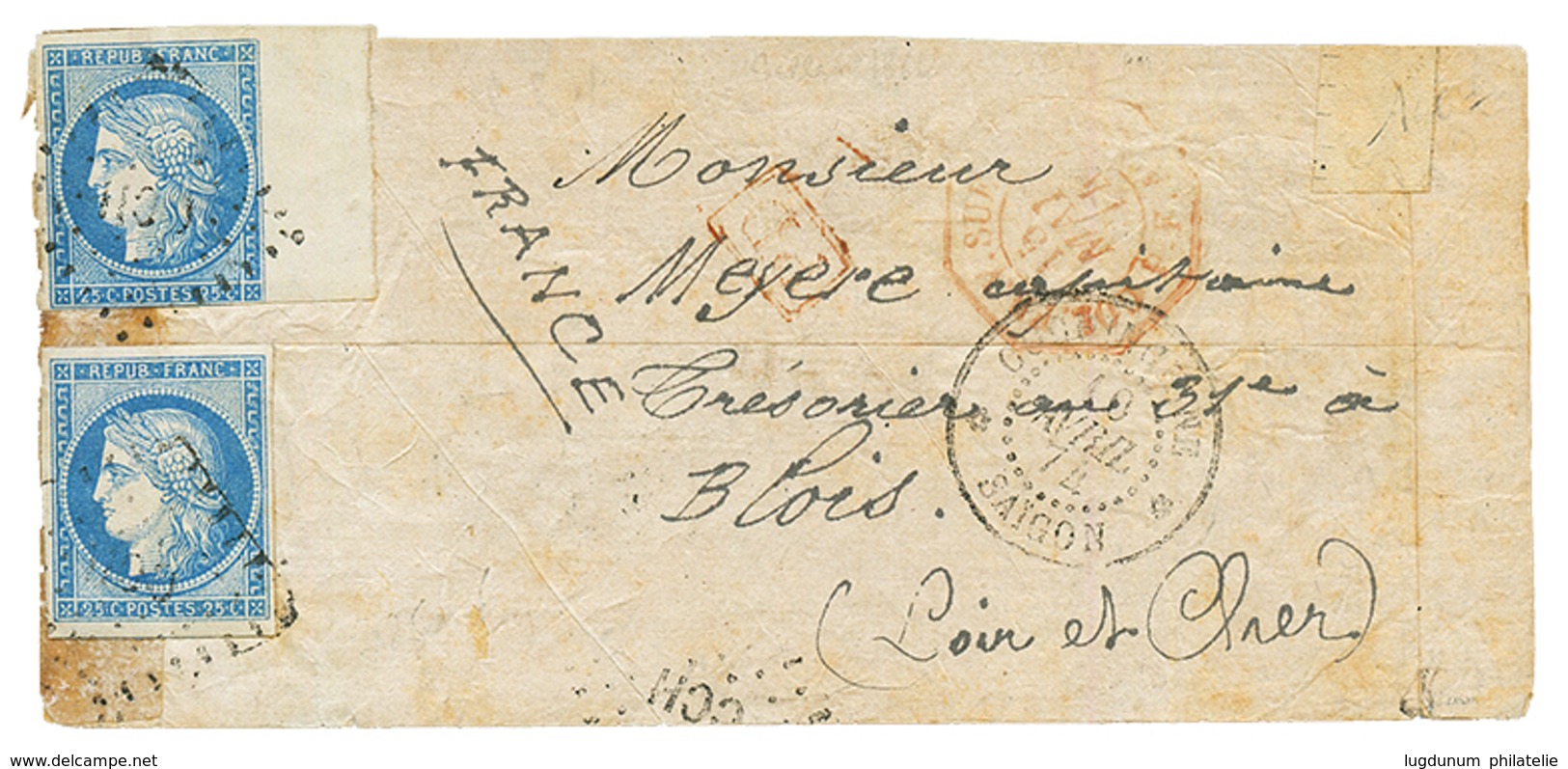 1874 CG 25c CERES (x2) Dont Un Ex. Grand Bord De Feuille Obl. CCH + COCHINCHINE SAIGON Sur Enveloppe De "MANDARIN" Pour  - Otros & Sin Clasificación