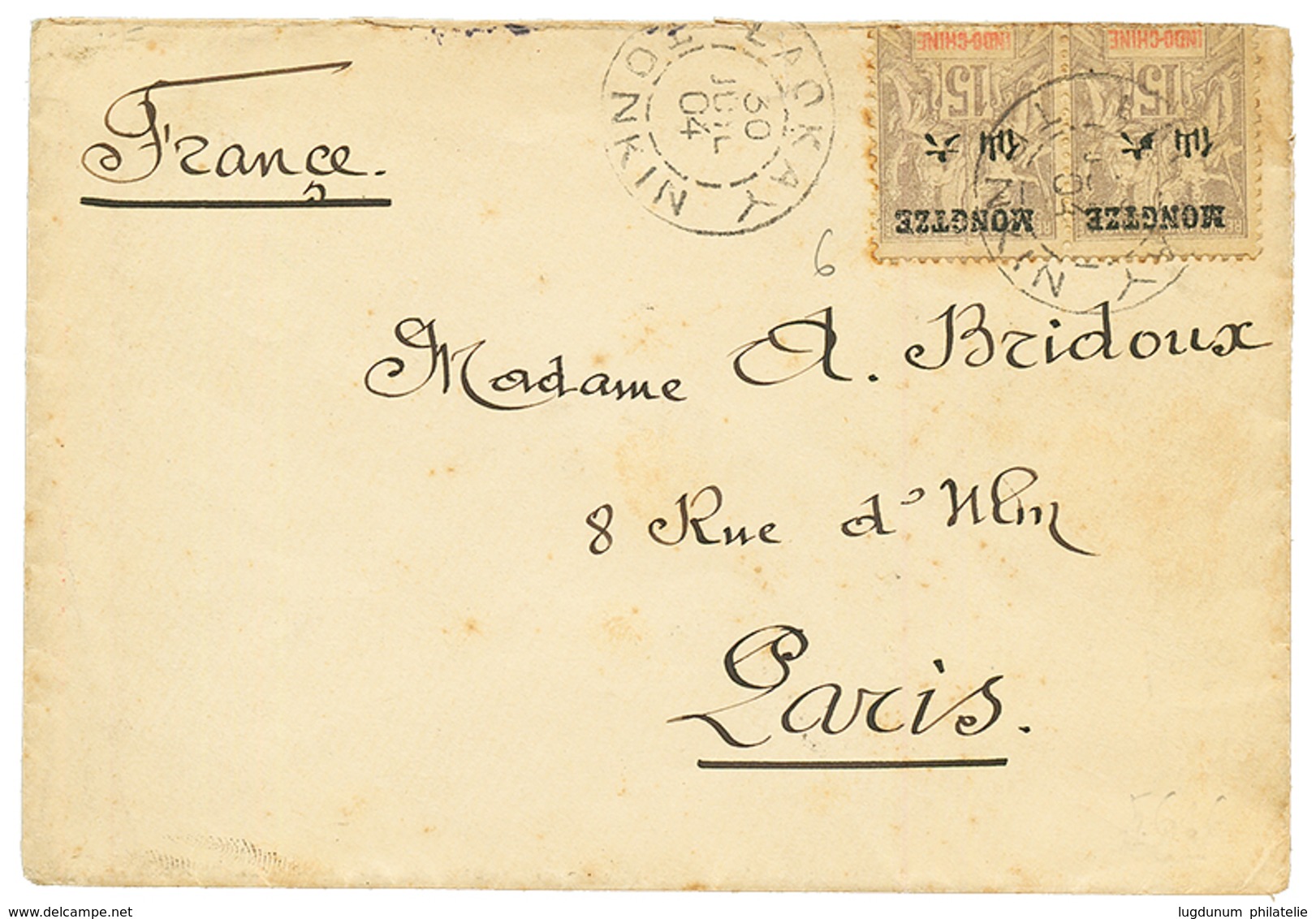 1904 MONGTZE Sur INDOCHINE 15c (x2) Obl. LAOKAY TONKIN Sur Lettre Pour PARIS. Rare Sur Timbres De MONGTZE. TB. - Otros & Sin Clasificación