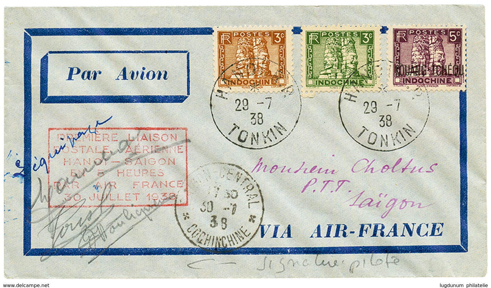 1938 KOUANG TCHEOU 5c + INDOCHINE 3c(x2) Obl. HANOI TONKIN + PREMIERE LIAISON AERIENNE HANOI-SAIGON EN 5 HEURES + Signat - Other & Unclassified