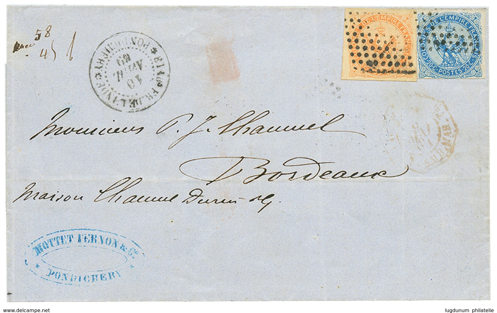 1869 AIGLE 20c + 40c + ETAB. FR. DE L' INDE PONDICHERY Sur Lettre Pour BORDEAUX. TTB. - Other & Unclassified