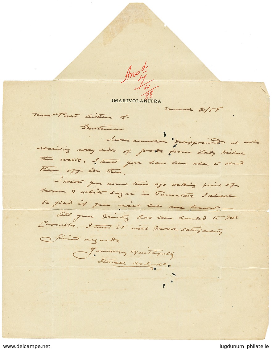 POSTE CONSULAIRE ANGLAISE : 1888 Cachet BRITISH ANTANANARIVO + "31/3/88" Manuscrit Sur Lettre Avec Texte Daté "IMARIVOLA - Other & Unclassified