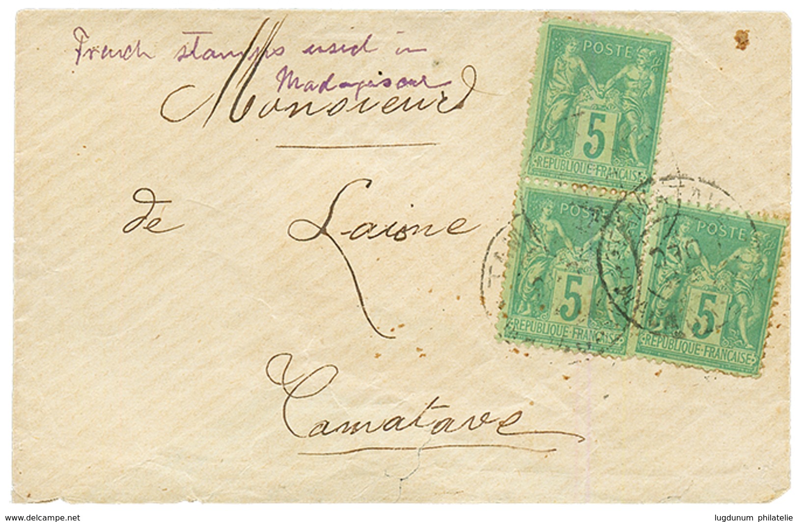 FRANCE 5c SAGE (x3) Obl. TAMATAVE MADAGASCAR Sur Enveloppe Locale. TB. - Other & Unclassified