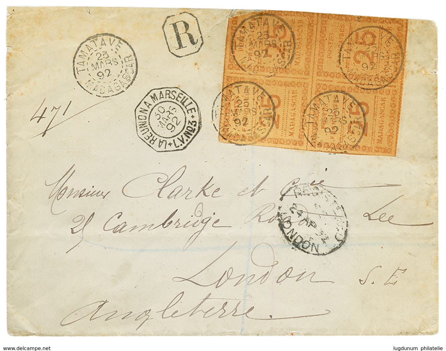 1892 Bloc De 4 Du 25c (1 Timbre Défectueux) Obl. TAMATAVE MADAGASCAR Sur Enveloppe RECOMMANDEE Pour L' ANGLETERRE. Bloc  - Otros & Sin Clasificación