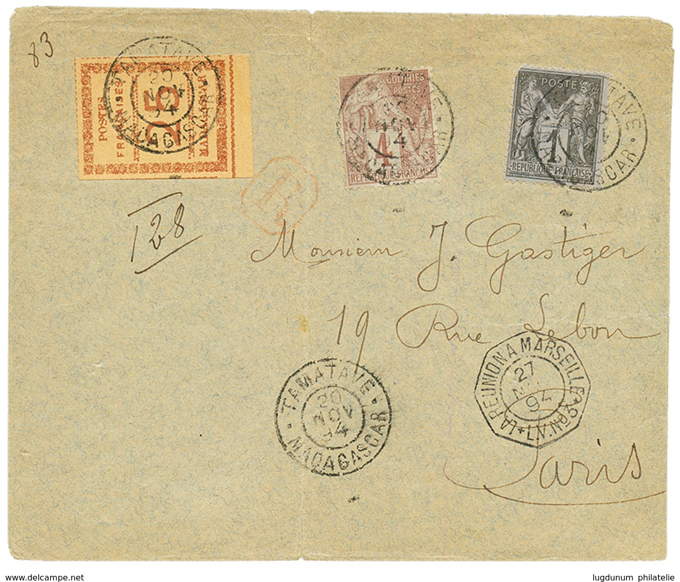 1894 FRANCE 1c SAGE (pd) + COLONIES GENERALES 4c + MADAGASCAR 25c Bord De Feuille Obl. TAMATAVE Sur Enveloppe RECOMMANDE - Otros & Sin Clasificación