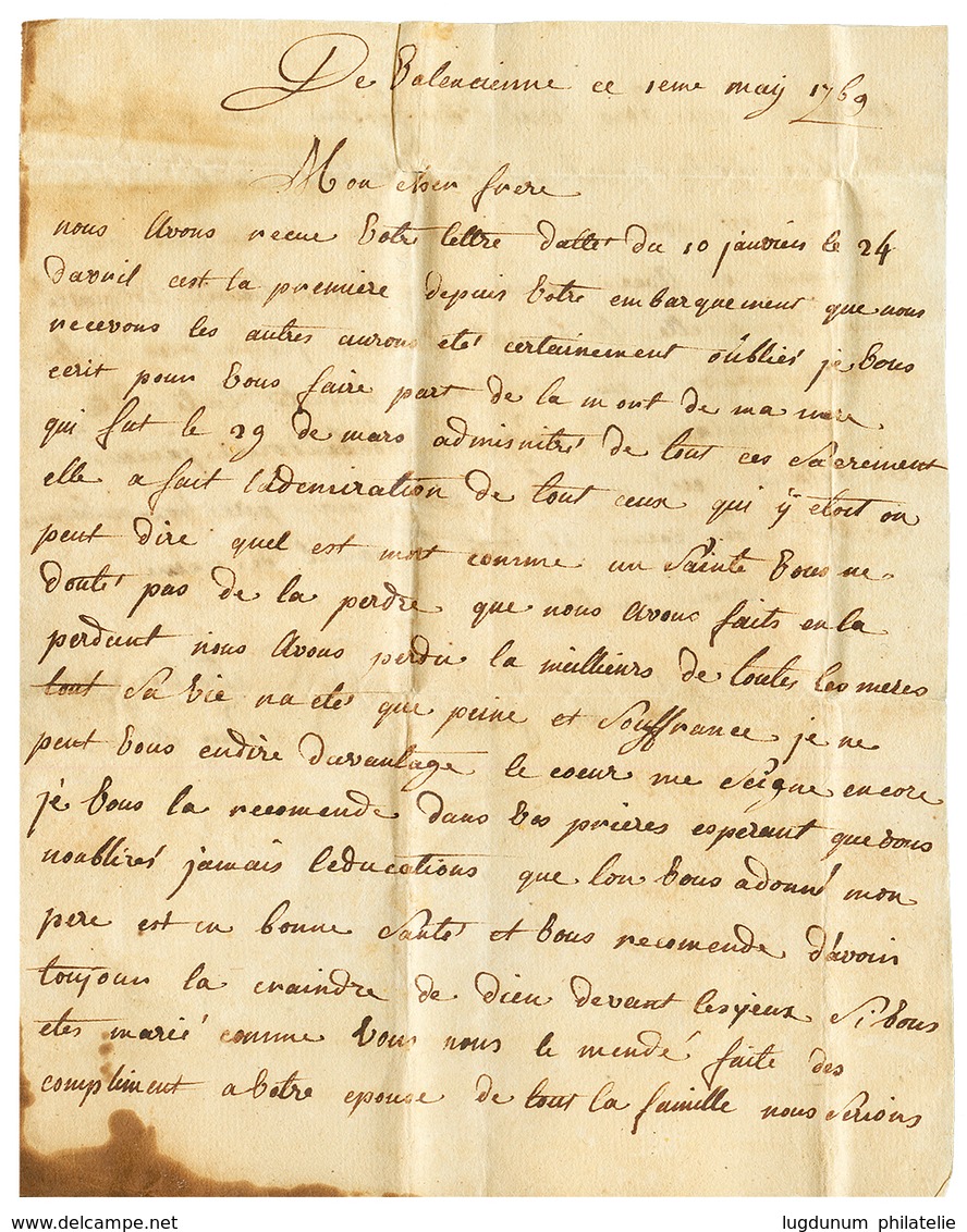 1769 Cachet Rare FRANCE + VALENCIENNE + P.PAYE Sur Lettre Avec Texte De VALENCIENNE Pour FORT ROYAL (MARTINIQUE). TTB. - Otros & Sin Clasificación
