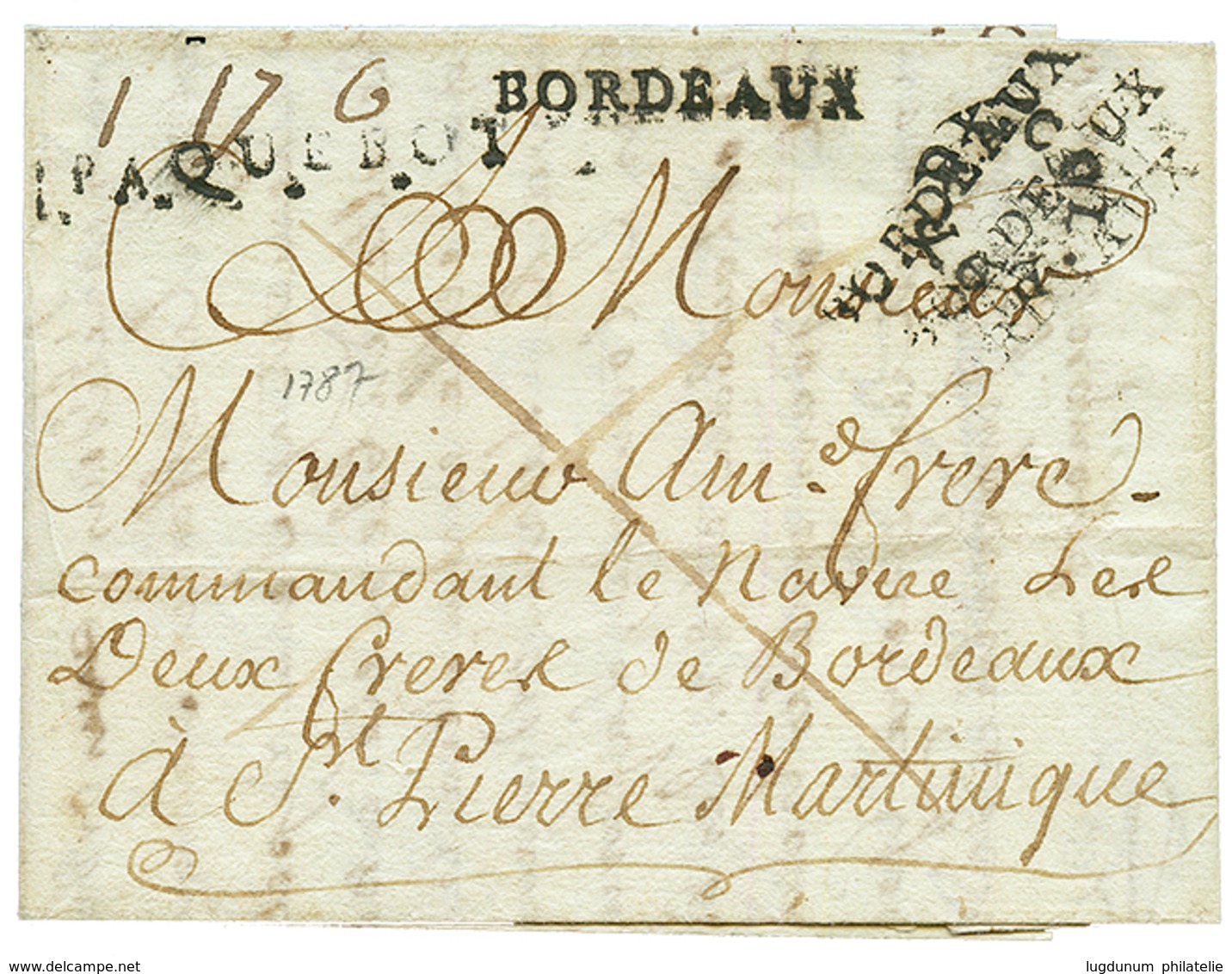 1787 PAQUEBOT + BORDEAUX + COL. BORDEAUX Rond Annulé Par Le Cachet Linéaire BORDEAUX Sur Lettre Avec Texte De BORDEAUX P - Other & Unclassified