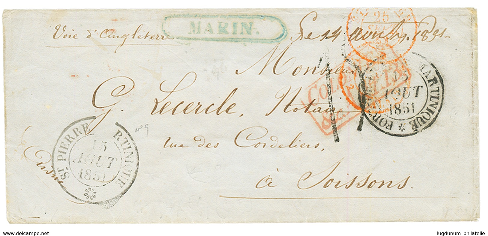 1851 Cachet Bleu MARIN + Taxe 15 Sur Lettre Pour La FRANCE. RARE. Superbe. - Otros & Sin Clasificación