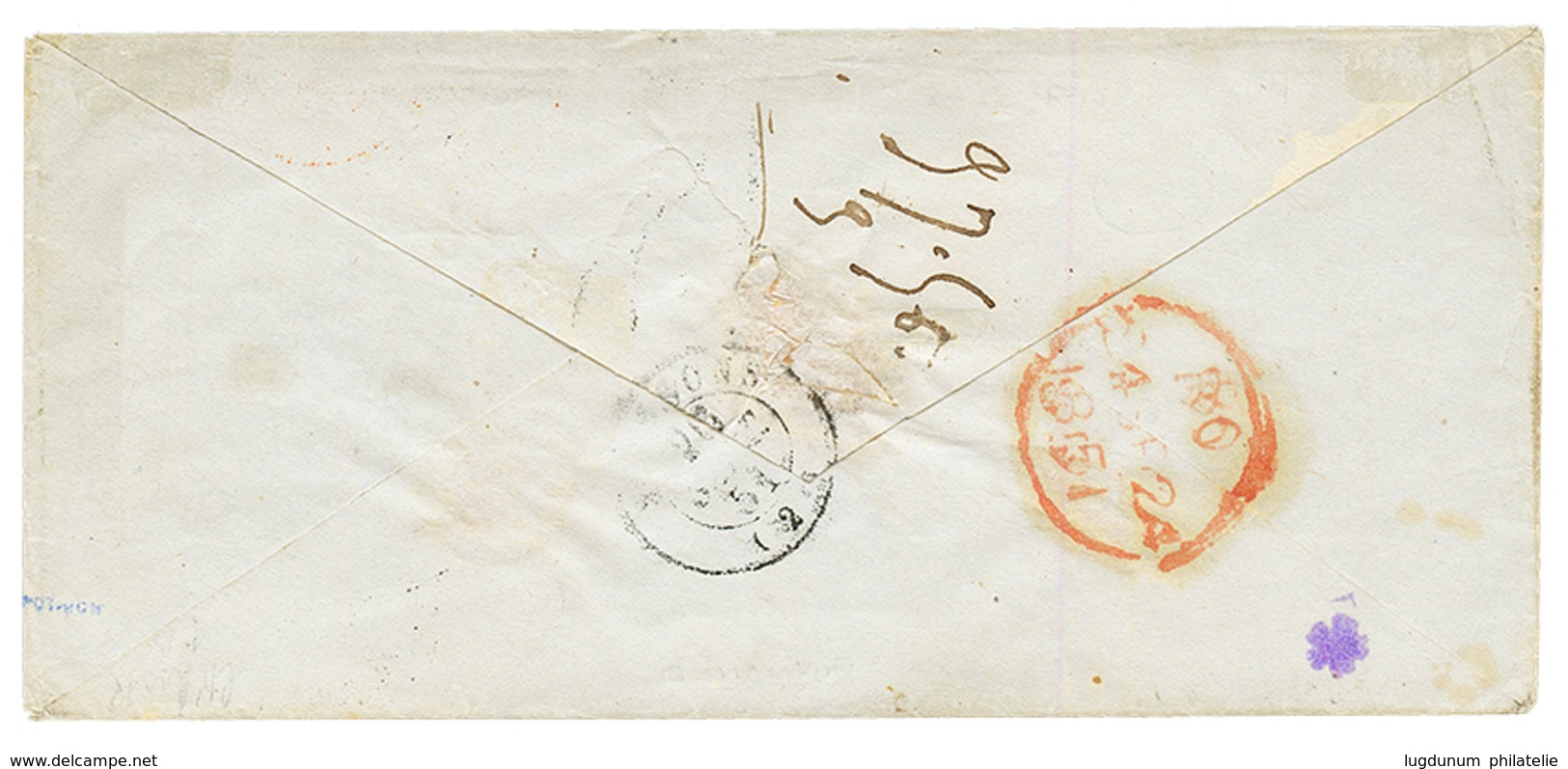 1851 Cachet Bleu MARIN + Taxe 15 Sur Lettre Pour La FRANCE. RARE. Superbe. - Otros & Sin Clasificación