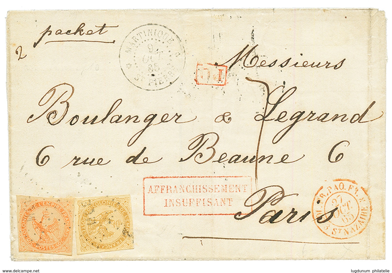 1865 AIGLE 10c + 40c Obl. MQE + MARTINIQUE ST PIERRE + AFFRANCHISSEMENT INSUFFISANT, Pour PARIS. TTB. - Other & Unclassified