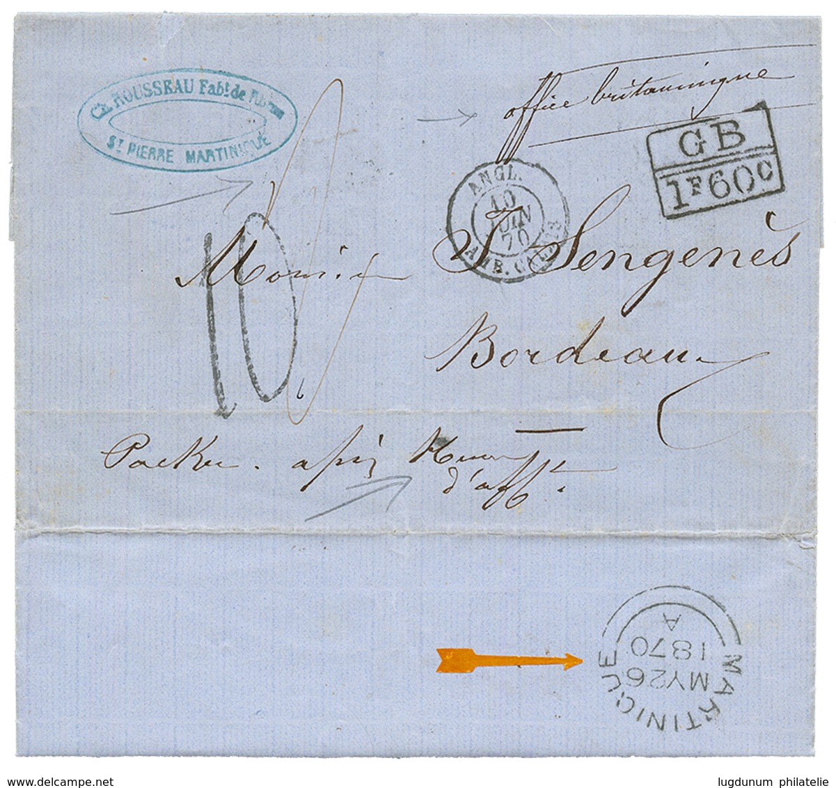 1870 GB/1F60c + "OFFICE BRITANNIQUE" Manuscrit + Cachet Anglais MARTINIQUE (verso) Sur Lettre De ST PIERRE Pour La FRANC - Otros & Sin Clasificación