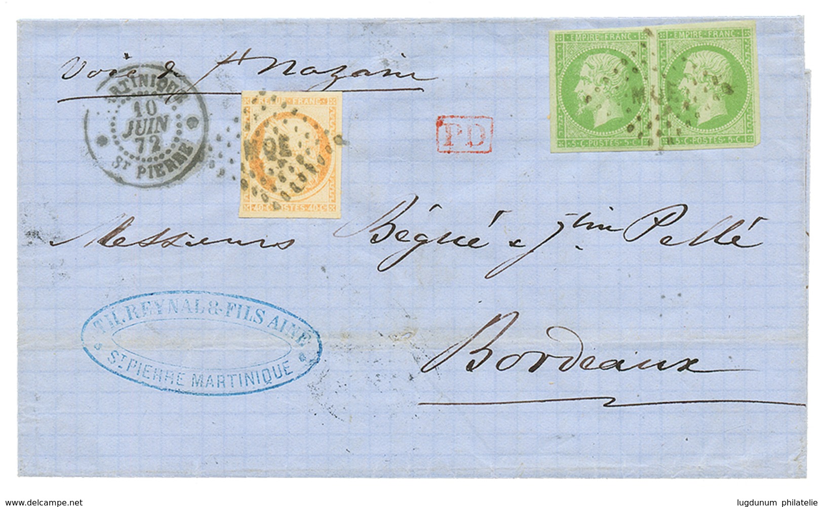 1872 Superbe Paire Du 5c EMPIRE CG (n°8) + 40c CERES Obl. MQE + MARTINIQUE ST PIERRE Sur Lettre Pour La FRANCE. RARE. TT - Altri & Non Classificati