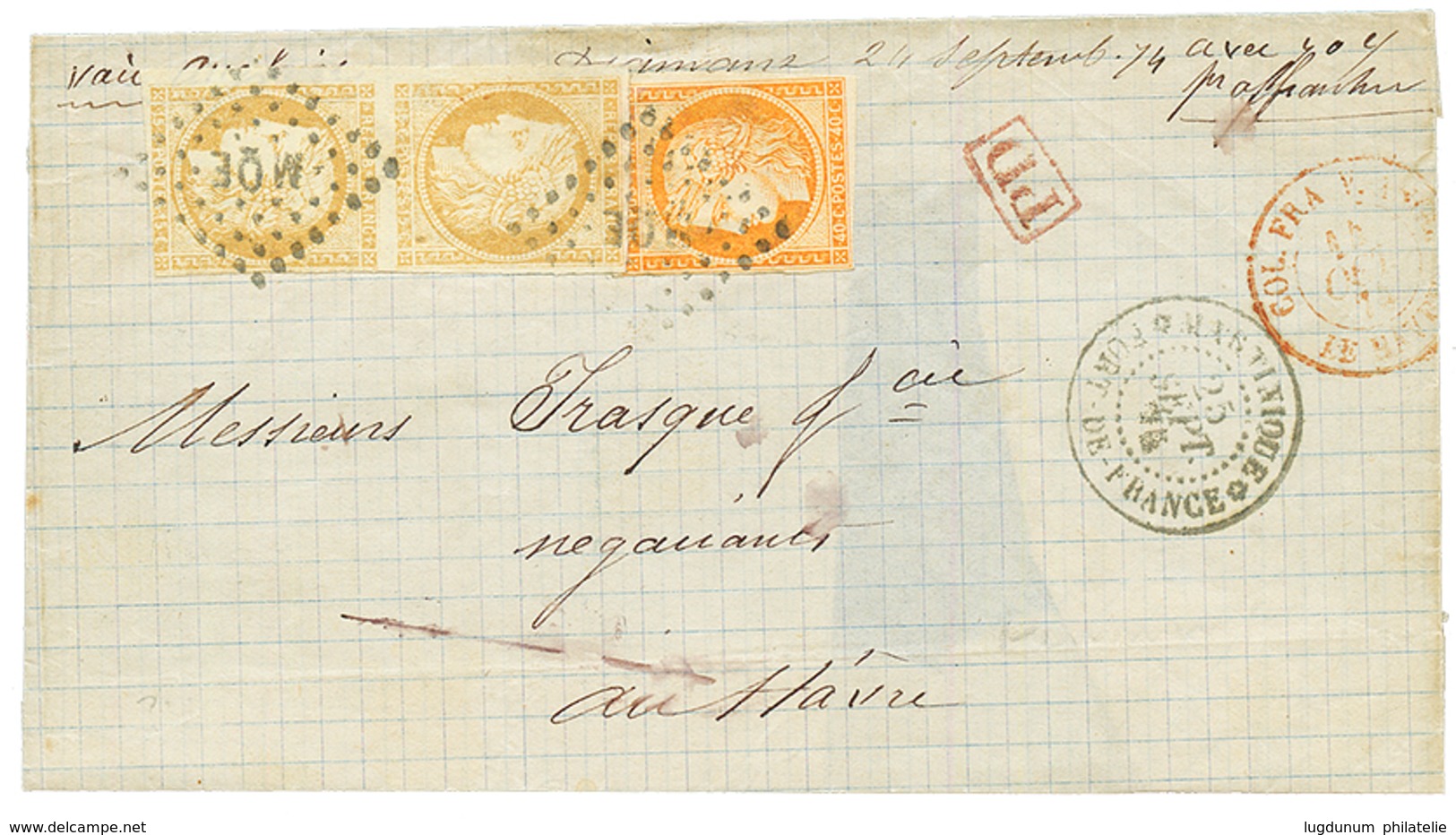 "Marque Manuscrite DIAMANT" : 1874 CG CERES 15c(x2) + 40c Obl. MQE + Marque Manus. "DIAMANT 24 Septembre 74 Avec 70c Pr. - Other & Unclassified
