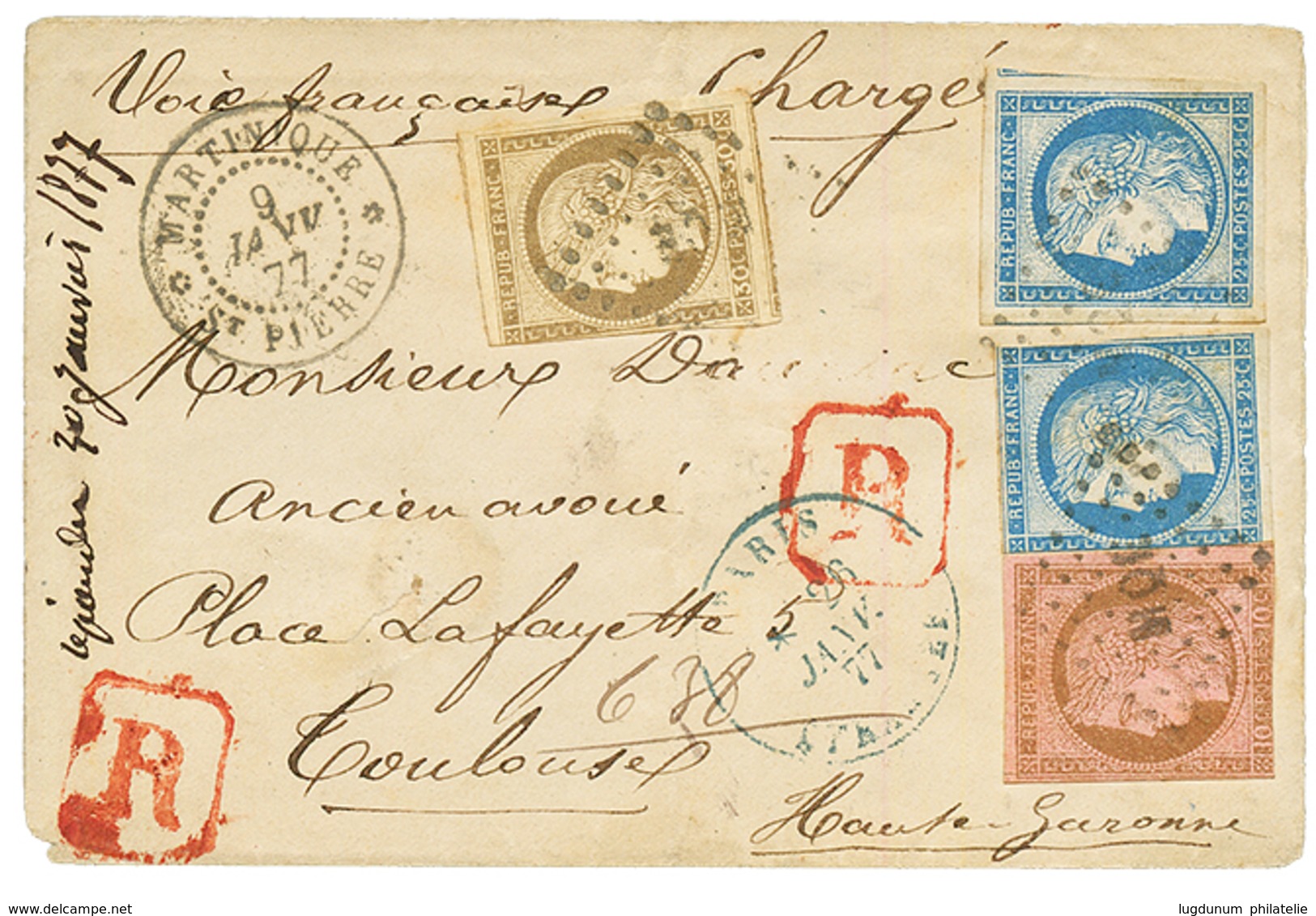 1877 CG CERES 10c + 25c (x2) + 30c Obl. MQE Sur Env. RECOMMANDEE De ST PIERRE Pour La FRANCE. TTB. - Otros & Sin Clasificación