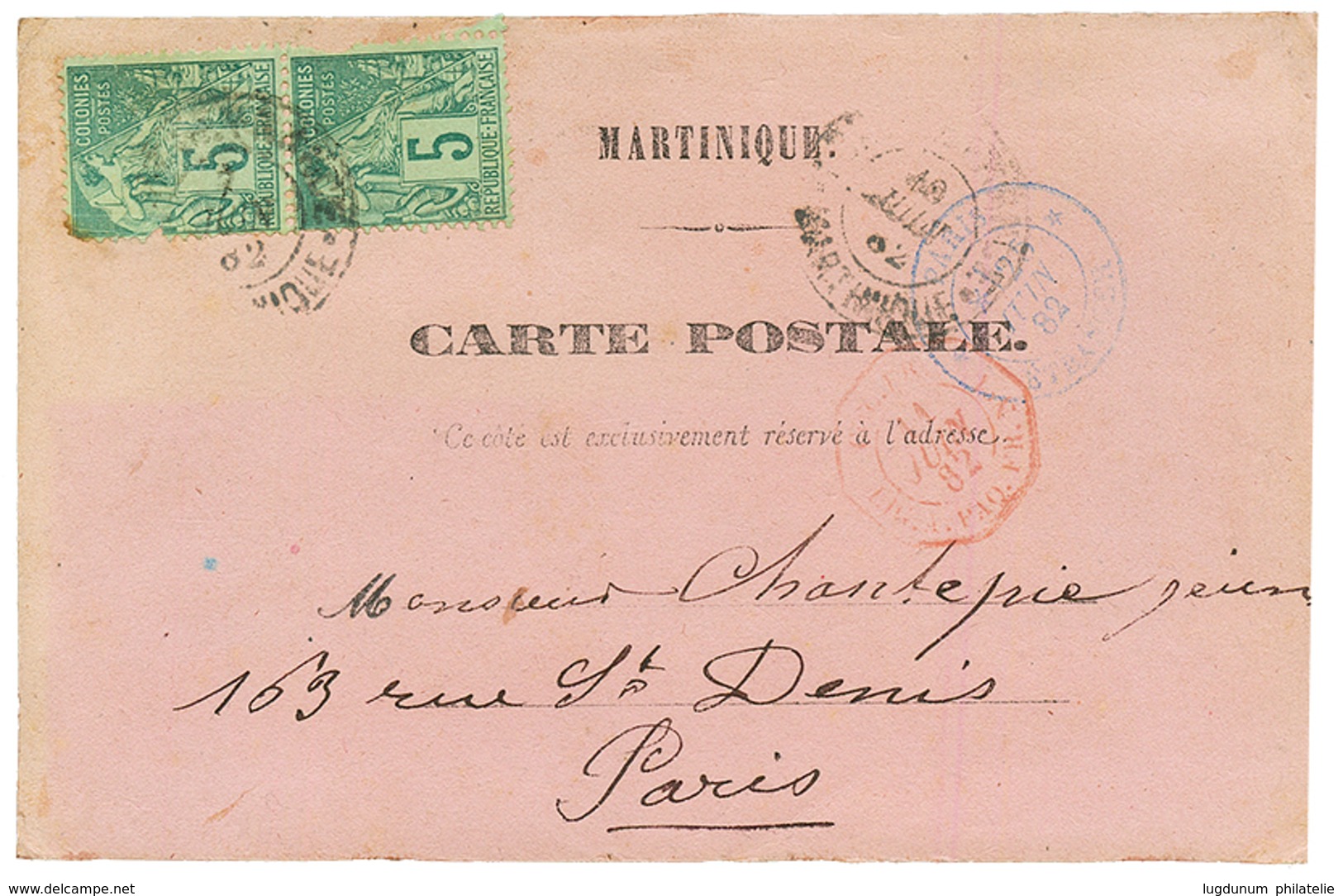 1882 CG 5c (x2) Obl. Sur CARTE PRECURSEUR De FORT DE FRANCE Pour PARIS. Tâches Au Verso. TB. - Other & Unclassified