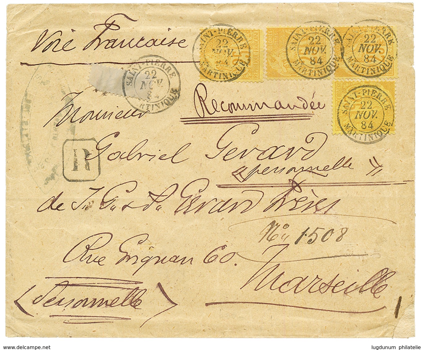 1884 CG 25c Jaune (x4) Obl. ST PIERRE MARTINIQUE Sur Env. RECOMMANDEE Pour La FRANCE. Superbe. - Otros & Sin Clasificación