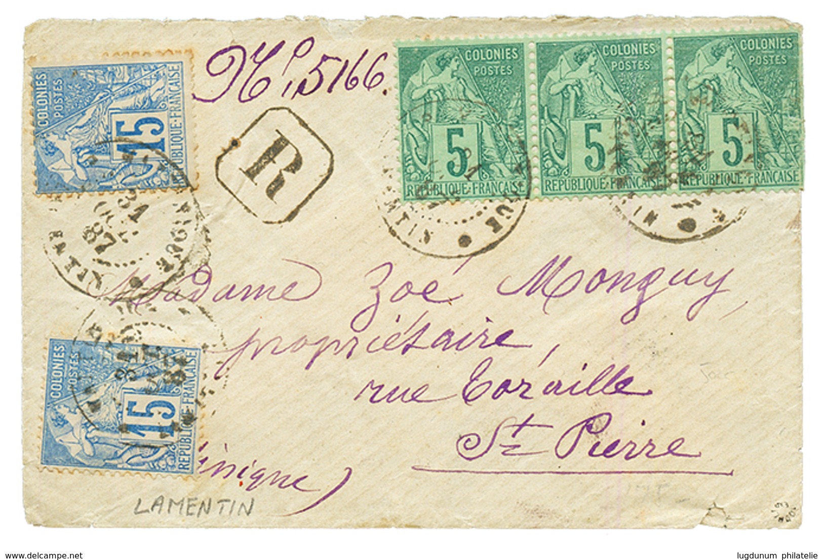 "LAMENTIN" : 1887 CG 5c(x3) Pd + 15c(x2) Obl. MARTINIQUE LAMENTI Sur Env. RECOMMANDEE. RARE. TTB. - Otros & Sin Clasificación