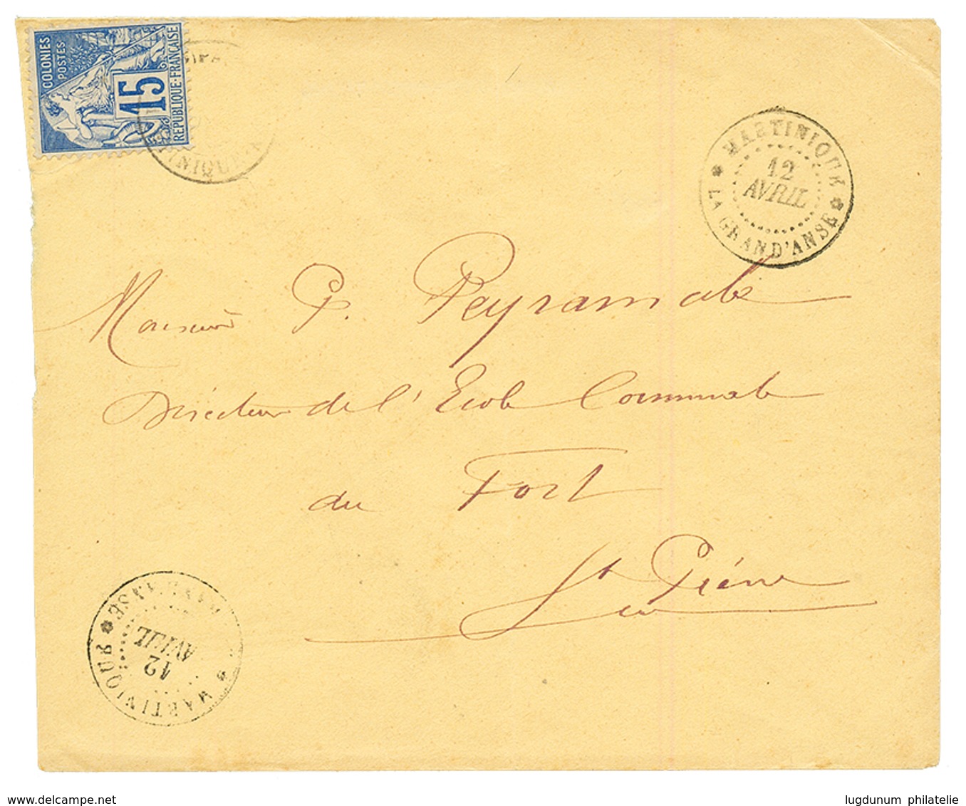 "GRAND ANSE" : 1892 CG 15c Obl. MARTINIQUE LA GRAND'ANSE Sur Env. Pour ST PIERRE. Bureau RARE. TTB. - Other & Unclassified