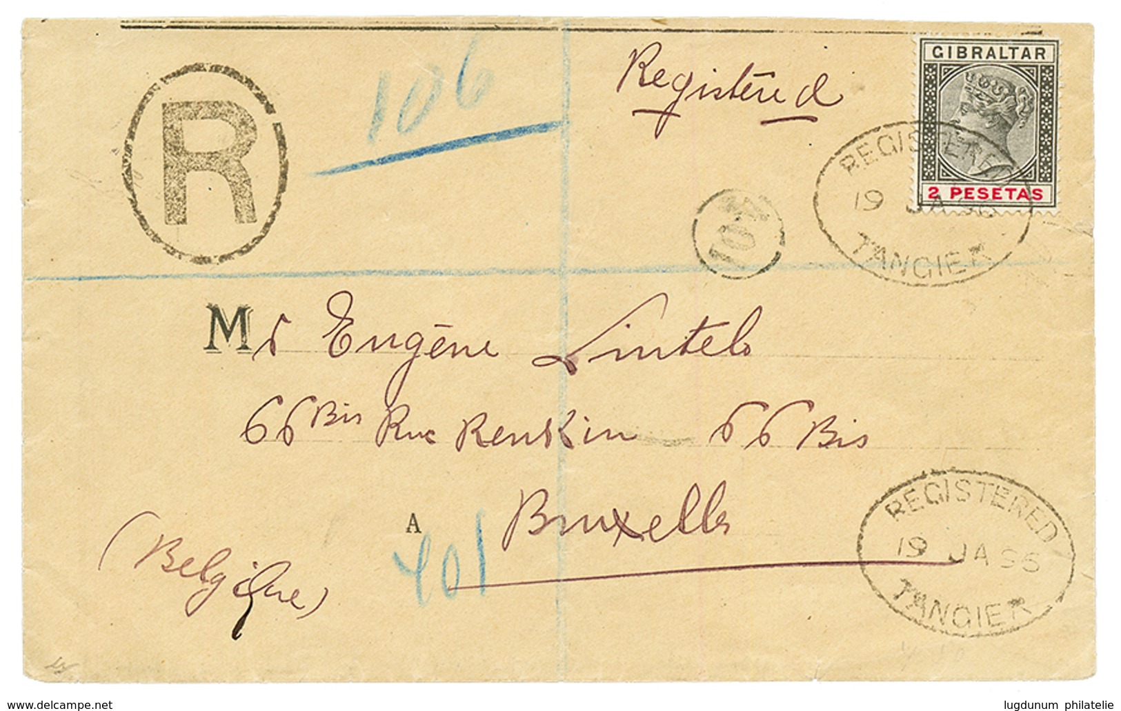 MAROC - Bureaux ANGLAIS : 1895 GIBRALTAR 2 PESETAS Obl. REGISTERED TANGIER Sur Env. RECOMMANDEE Pour BRUXELLES (BELGIQUE - Otros & Sin Clasificación