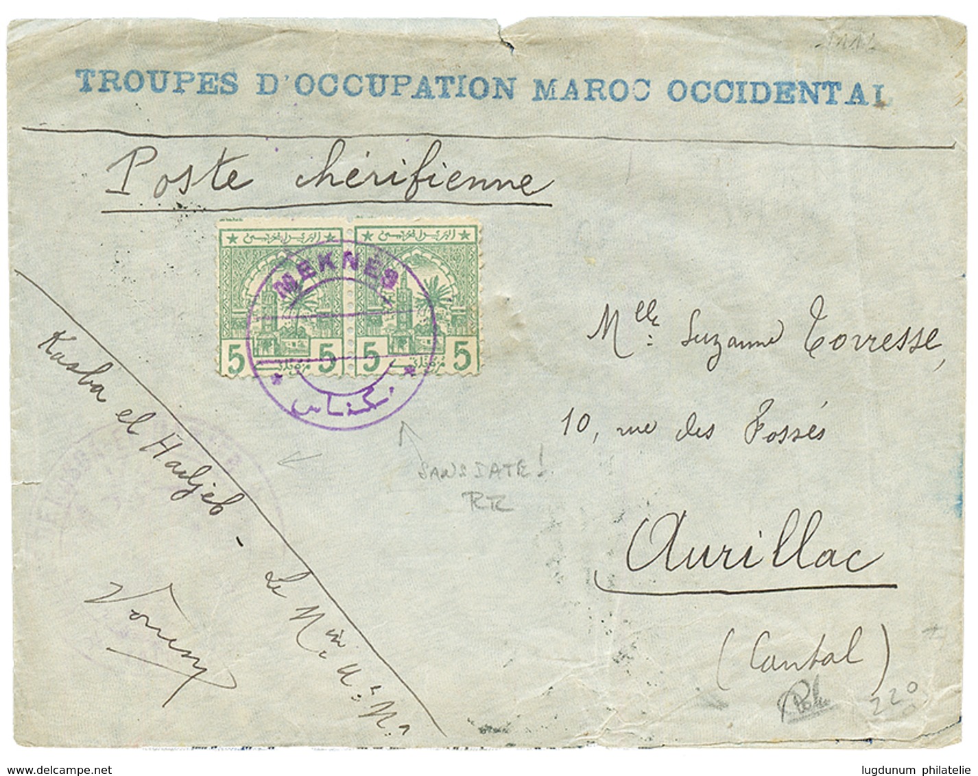 POSTE CHERIFIENNE : 1913 5c(x2) Obl. MEKNES Sur Env. Militaire Pour La FRANCE. Signé CALVES. TTB. - Otros & Sin Clasificación