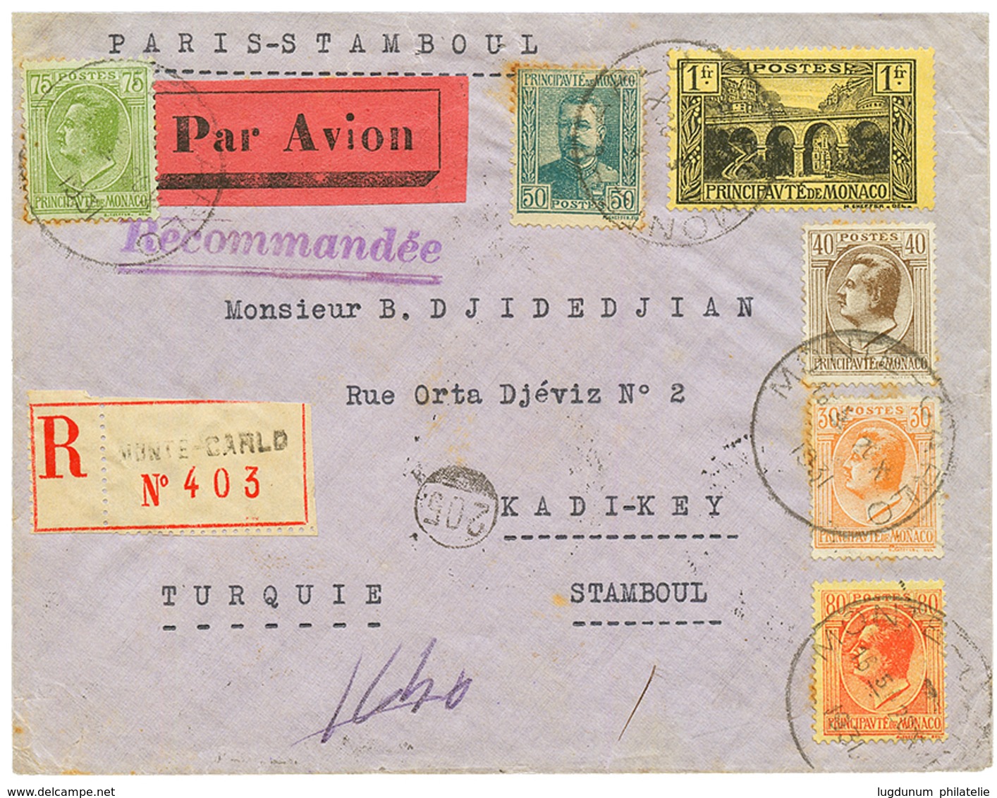 1931 30c+ 40c+ 50c+ 75c+ 80c + 1F Obl. MONTE-CARLO Sur Env. RECOM. PAR AVION Pour KADI-KEY (TURQUIE). TTB. - Other & Unclassified