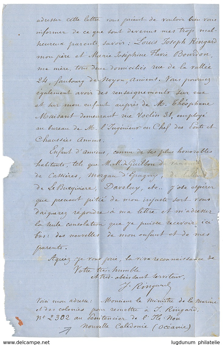 PRISONNIER Au PENITENCIER De L' ILE De NOU : 1872 NLLE CALEDONIE NOUMEA + Taxe 12 Sur Lettre Avec Texte "J. RINGARD Pris - Other & Unclassified