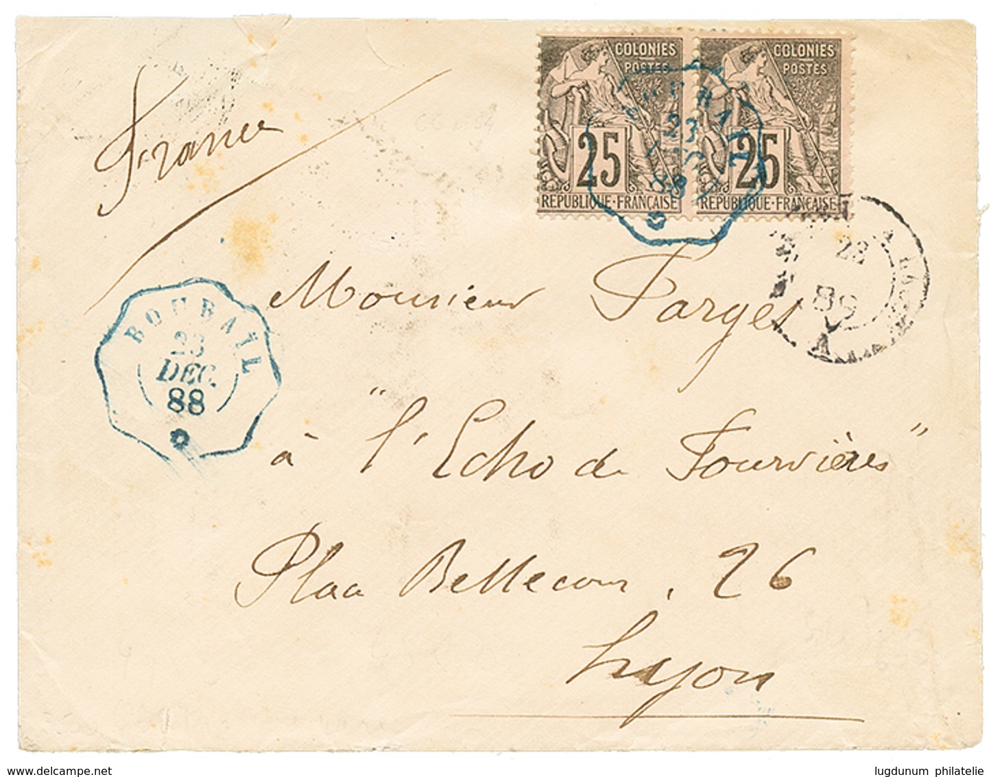 "BOURAIL" : 1888 COLONIE GENERALE Paire 25c Obl. Cachet Télégraphique BOURAIL Sur Enveloppe Pour LYON. Trés Rare. Superb - Otros & Sin Clasificación