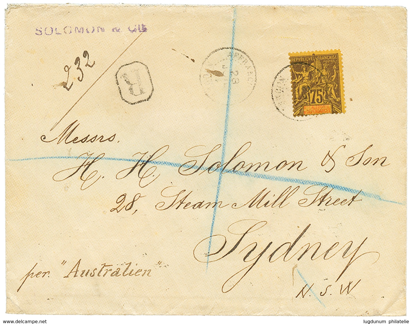 1900 75c Groupe Obl. AFFRANCH. NOUMEA Sur Enveloppe RECOMMANDEE Pour SYDNEY AUSTRALIE. Rare. TB. - Autres & Non Classés