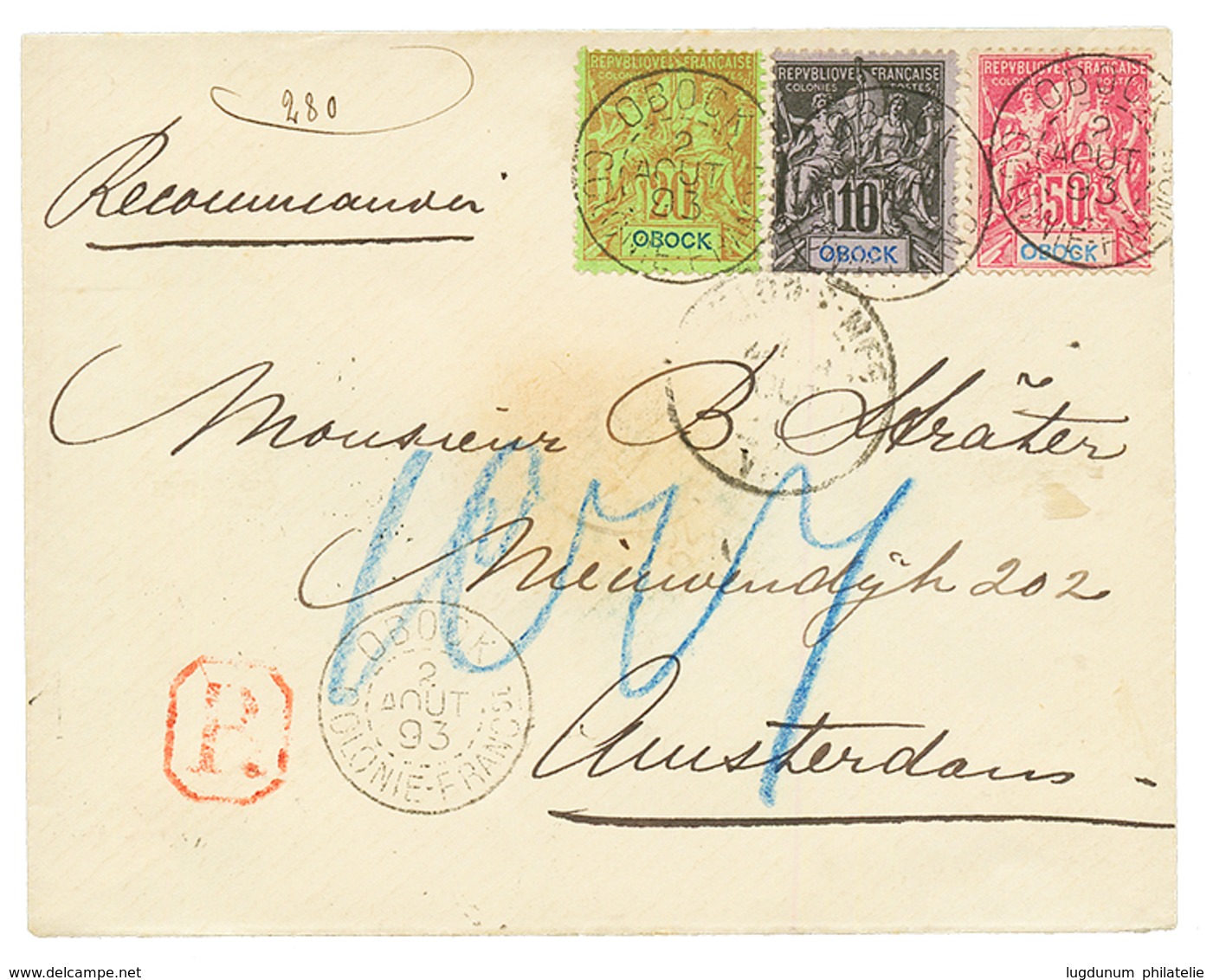 1893 10c + 20c + 50c Obl. OBOCK COLONIES FRANCse Sur Enveloppe RECOMMANDEE Pour Les PAYS-BAS. TTB. - Otros & Sin Clasificación