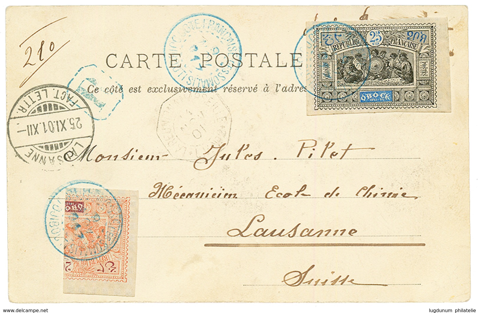 1903 Timbre Coupé 20c (n°53a) + 25c (n°54) Obl. DJIBOUTI Sur CARTE RECOMMANDEE Pour La SUISSE. TTB. - Otros & Sin Clasificación