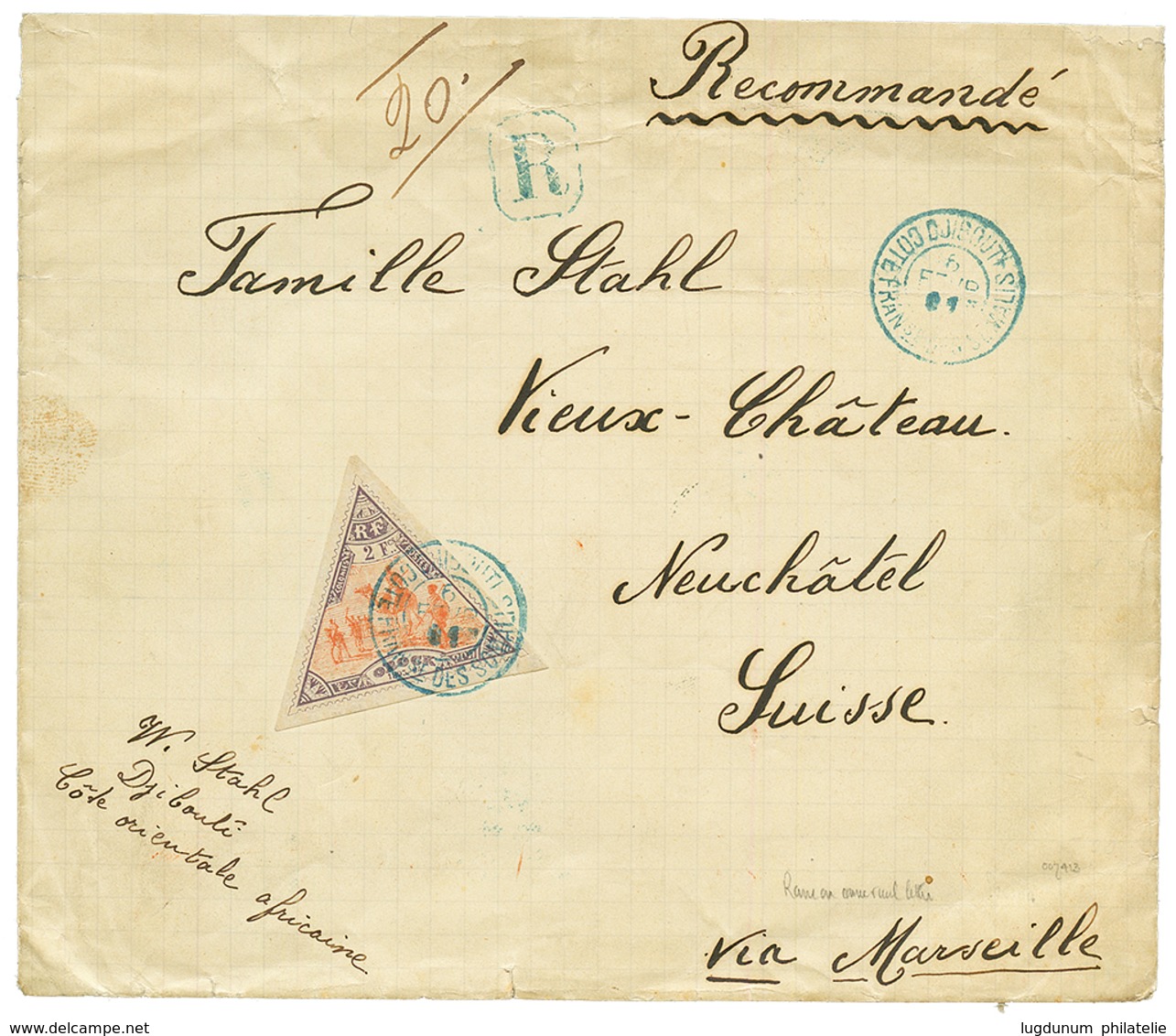 1901 OBOCK 2F (n°60) Obl. DJIBOUTI Sur Grande Enveloppe RECOMMANDEE Pour La SUISSE. Timbre Trés Rare Seul Sur Lettre NON - Other & Unclassified