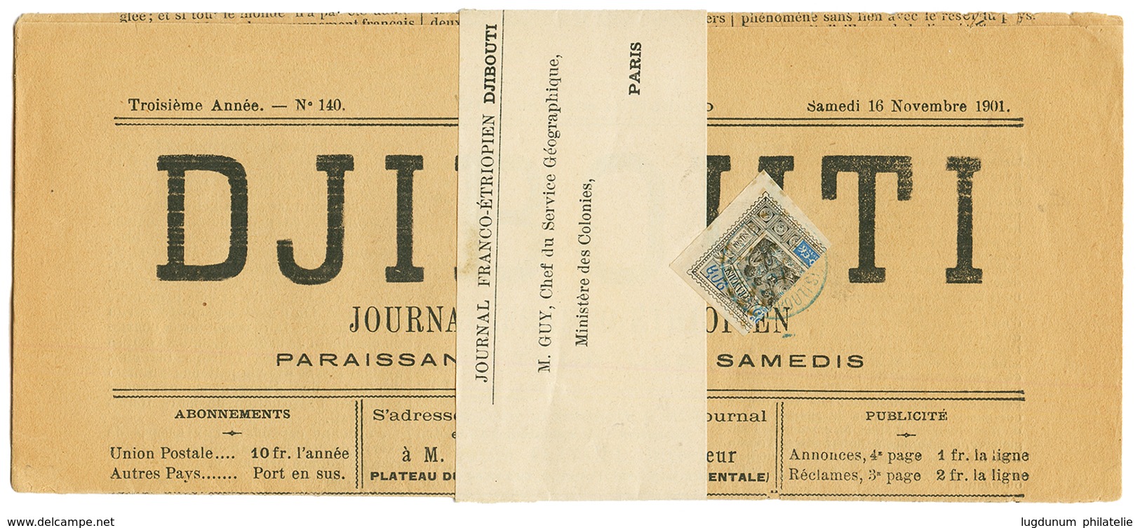 1901 Timbre Coupé 25c Moitié Droite (n°54b) Obl. DJIBOUTI Sur JOURNAL Complet Avec Sa Bande Adresse Pour PARIS. Rare. Su - Other & Unclassified