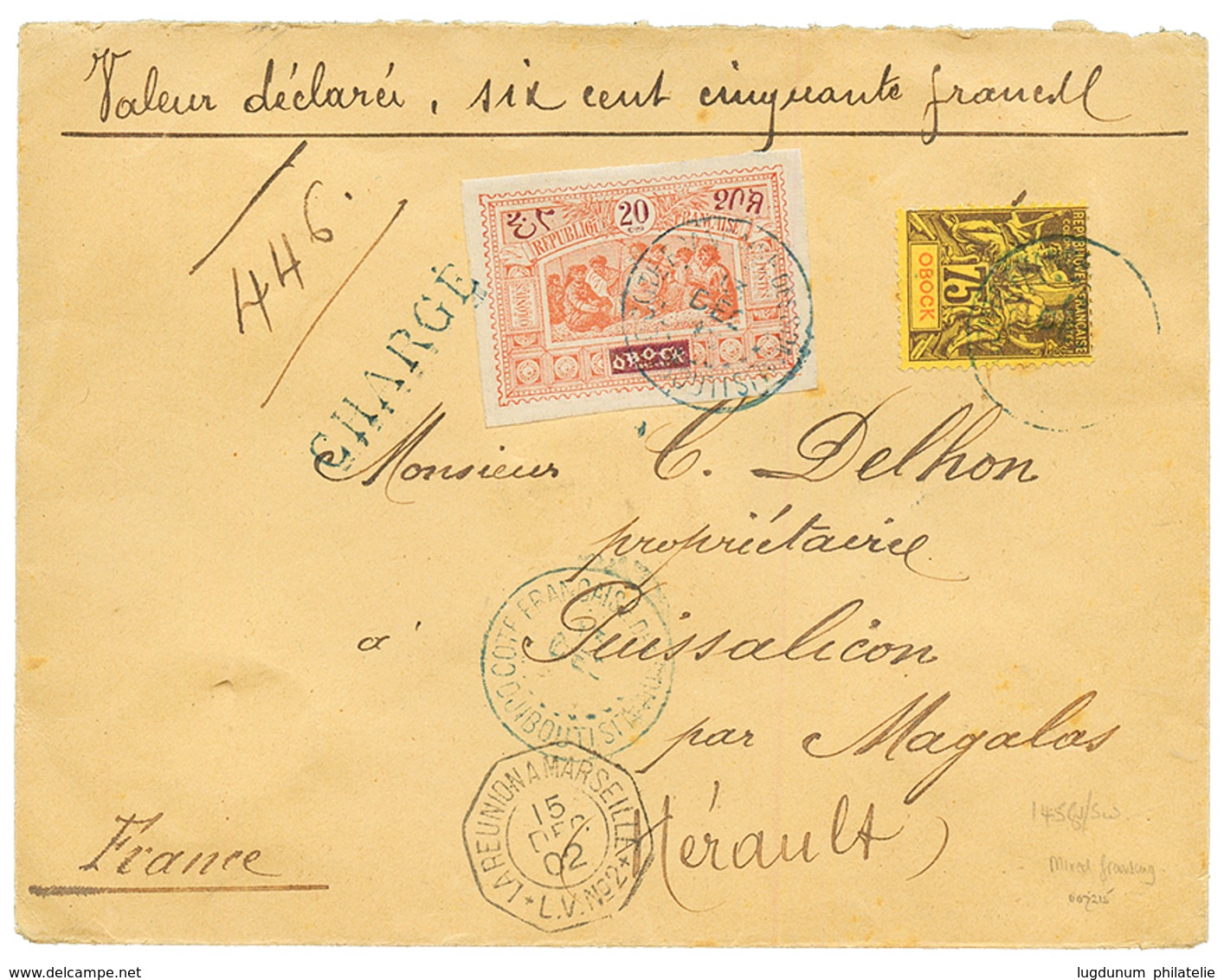 1902 OBOCK 75c Groupe (n°43) + OBOCK 20c(n°53) Obl. DJIBOUTI Sur Enveloppe CHARGEE (VD=650F) Pour La FRANCE. Verso, Desc - Otros & Sin Clasificación