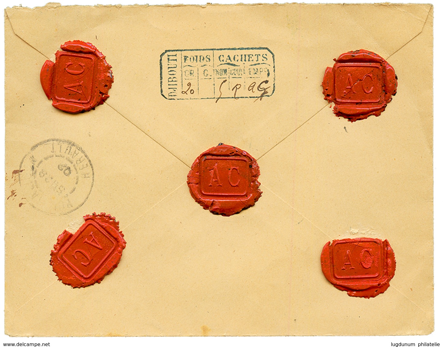 1902 OBOCK 75c Groupe (n°43) + OBOCK 20c(n°53) Obl. DJIBOUTI Sur Enveloppe CHARGEE (VD=650F) Pour La FRANCE. Verso, Desc - Otros & Sin Clasificación