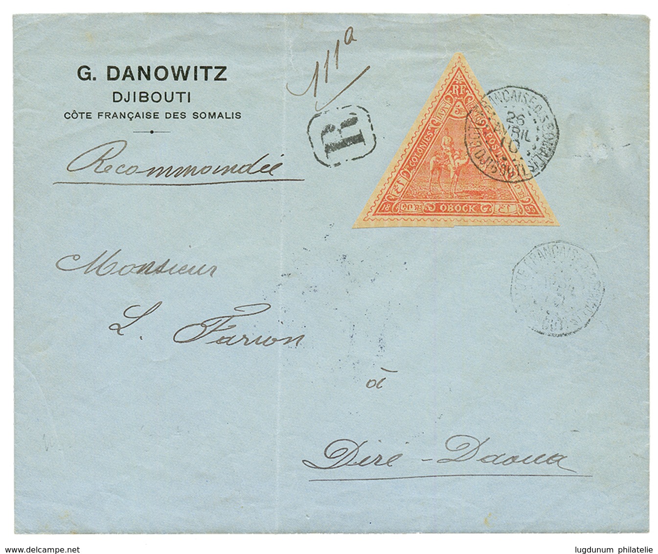 1910 5F (n°46) Obl. DJIBOUTI Sur Enveloppe RECOMMANDEE Pour L' ABYSINIE. Timbre Rare Sur Lettre (cote Détaché = 150€). S - Otros & Sin Clasificación