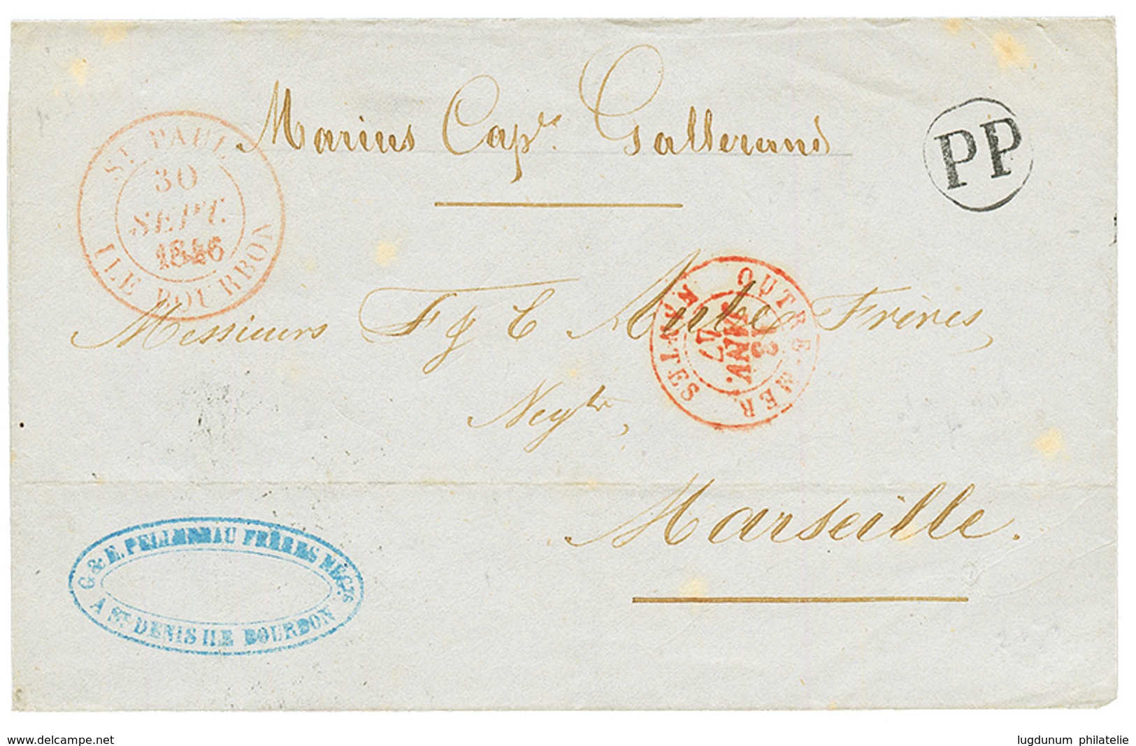 1847 ST PAUL ILE BOURBON En Rouge (rare) + PP + OUTRE-MER NANTES Sur Lettre Pour La FRANCE. Cachet Rare Surtout En P.P.  - Otros & Sin Clasificación